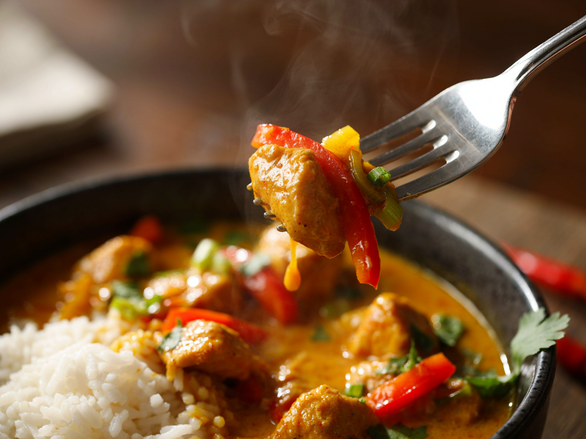 Extreme close-up of a fork lifting a piece of chicken coated in thick golden coconut curry sauce with a strip of red bell pepper, more curry and white rice in a dark bowl below, flecks of cilantro, soft directional light, shallow depth of field
