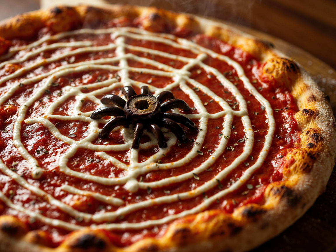 Extreme close-up of a baked spider web pizza: glossy red tomato sauce with crisp white ricotta web lines lightly golden at the edges, a black olive spider with a halved olive body and thin olive-strip legs sitting on the web, blistered golden crust at the edge, soft light, shallow depth of field