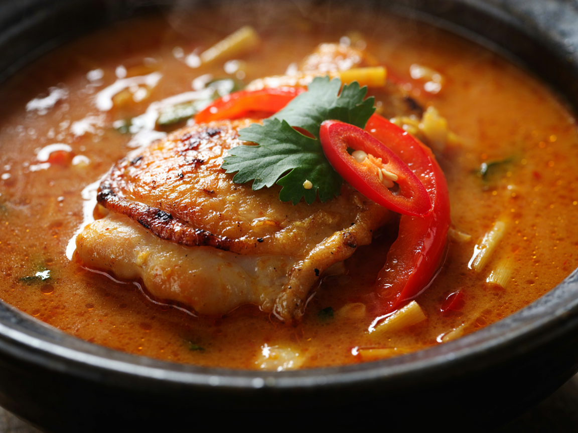 Extreme close-up of Thai red curry: a golden-seared piece of chicken and a soft red bell pepper strip in thick glossy orange-red coconut sauce, a few cilantro leaves and a thin slice of red chilli on top, soft directional light, shallow depth of field