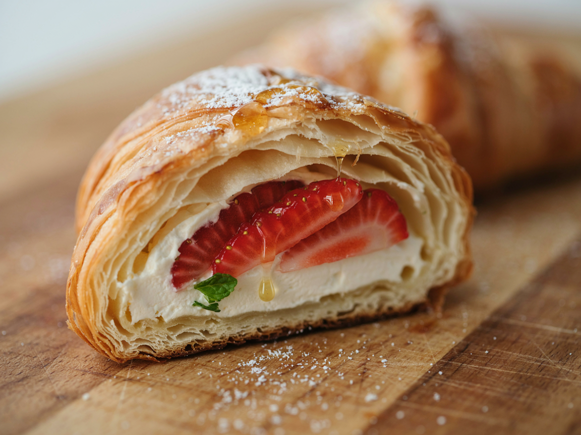 Extreme close-up of a halved butter croissant on a wooden board, filled with a thick layer of whipped cream cheese and sliced strawberries, a drizzle of honey catching the light, powdered sugar dusted over the flaky top, a small mint leaf, soft natural light, shallow depth of field