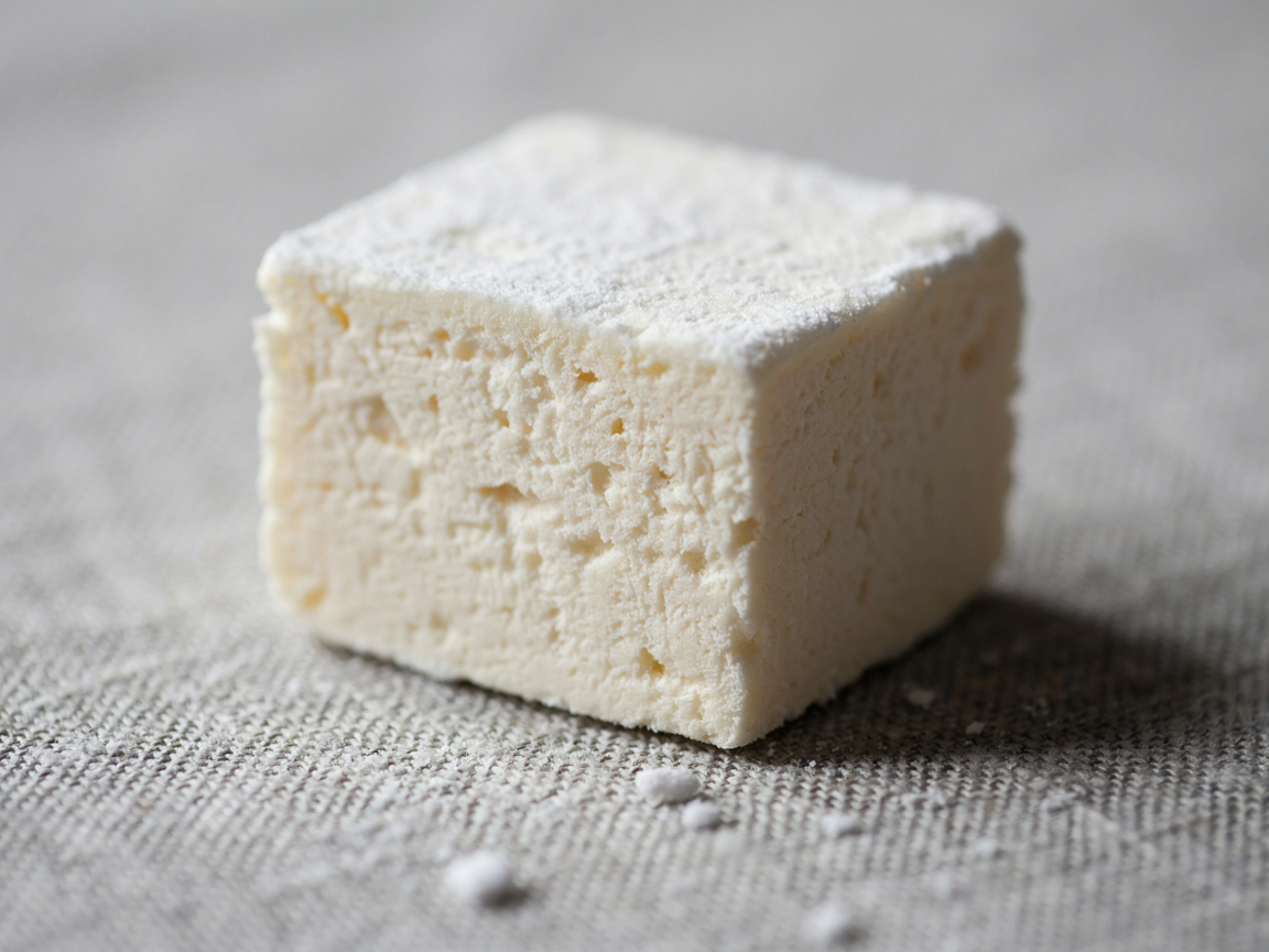 Extreme close-up of a single cut homemade marshmallow square showing its fine, airy, spongy interior and soft cream colour, lightly dusted with white powder on the outside, on grey linen, soft directional light, shallow depth of field