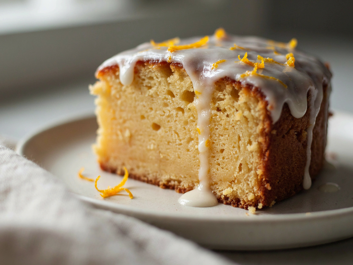 Extreme close-up of a slice of orange pound cake: a dense, moist golden crumb glistening where orange syrup soaked in, a thick white orange glaze on top with fine orange zest, soft directional light, shallow depth of field
