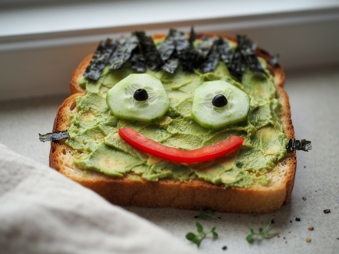 Extreme close-up of Frankenstein avocado toast: bright green mashed avocado, a zigzag nori fringe of hair, two cucumber slice eyes with black olive pupils, a curved red pepper smile and small nori neck bolts, soft light, shallow depth of field