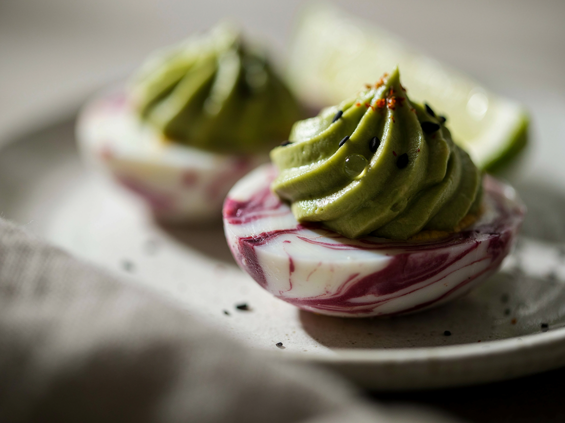 Close-up of a marbled deviled egg with a piped green avocado filling swirl topped with black sesame seeds and smoked paprika