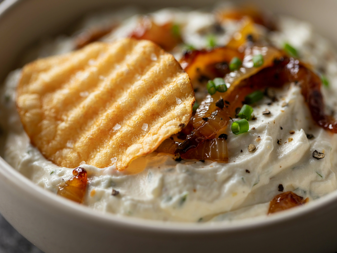 Extreme close-up of caramelized onion cottage cheese dip in a bowl: a thick-cut potato chip scooping through creamy whipped white dip with streaks and pieces of glossy dark-golden caramelized onion, snipped green chives and coarse black pepper on top, soft light