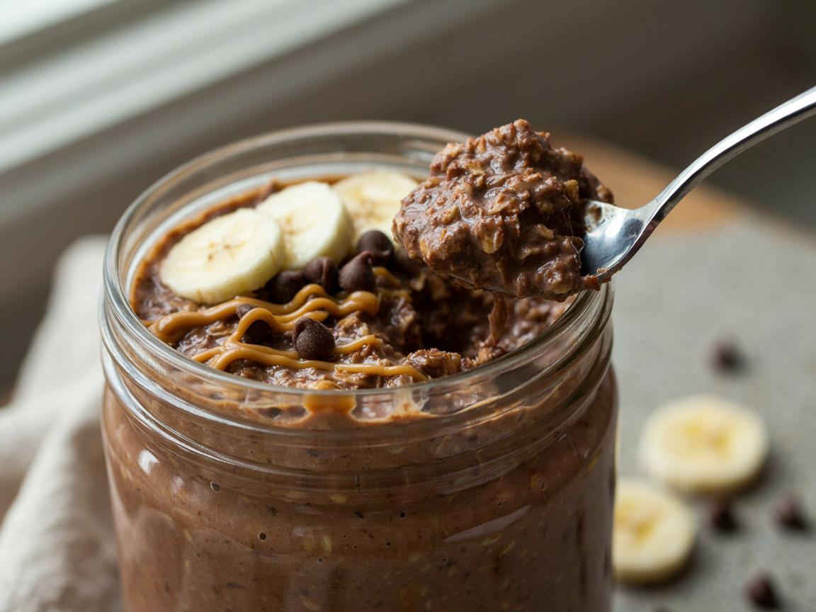 Extreme close-up of a spoon lifting a thick, velvety scoop of chocolate blended overnight oats, topped with banana coins, mini chocolate chips and a drizzle of peanut butter, shallow depth of field, soft directional light