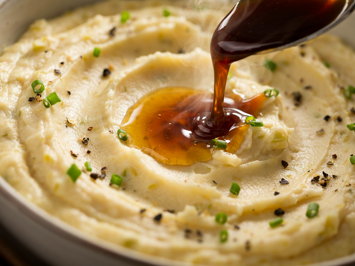 Extreme close-up of a bowl of creamy garlic mashed potatoes: smooth, fluffy pale-gold potato with a pool of melted butter in the center, snipped green chives and cracked black pepper on top, and a spoon of dark beef jus running into the butter, soft steam, shallow depth of field