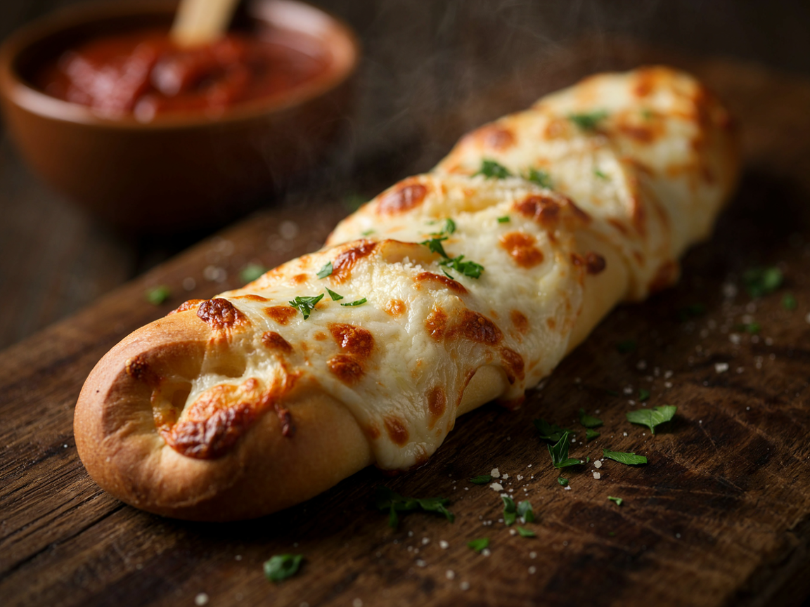 Extreme close-up of one cheesy breadstick bone: a curled golden dough knob, bubbling melted mozzarella with browned spots, grated parmesan and chopped parsley flecks, soft light, shallow depth of field