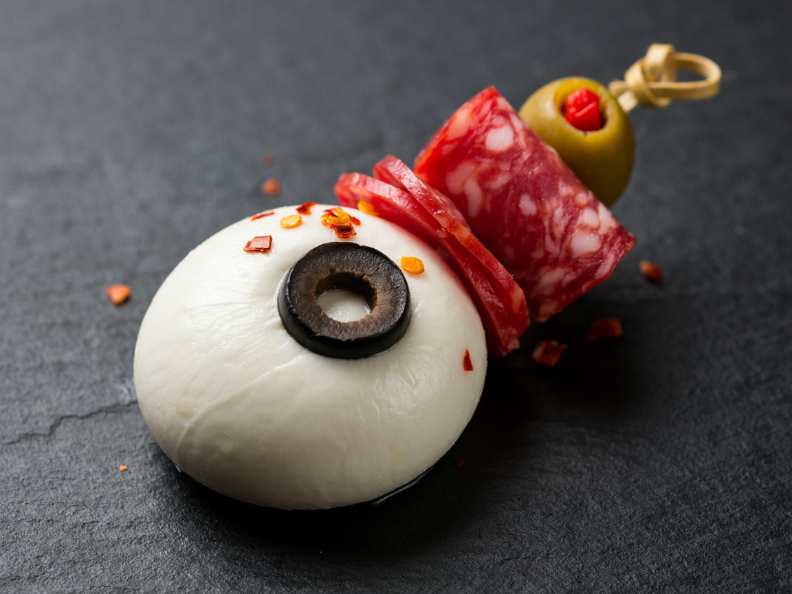 Extreme close-up of a mozzarella eyeball skewer: a glossy white mozzarella ball with a black olive ring pressed in as the pupil, a pimento-stuffed green olive above it at the knot of a bamboo pick, folded red salami below, flecks of red chili, shallow depth of field, soft side light