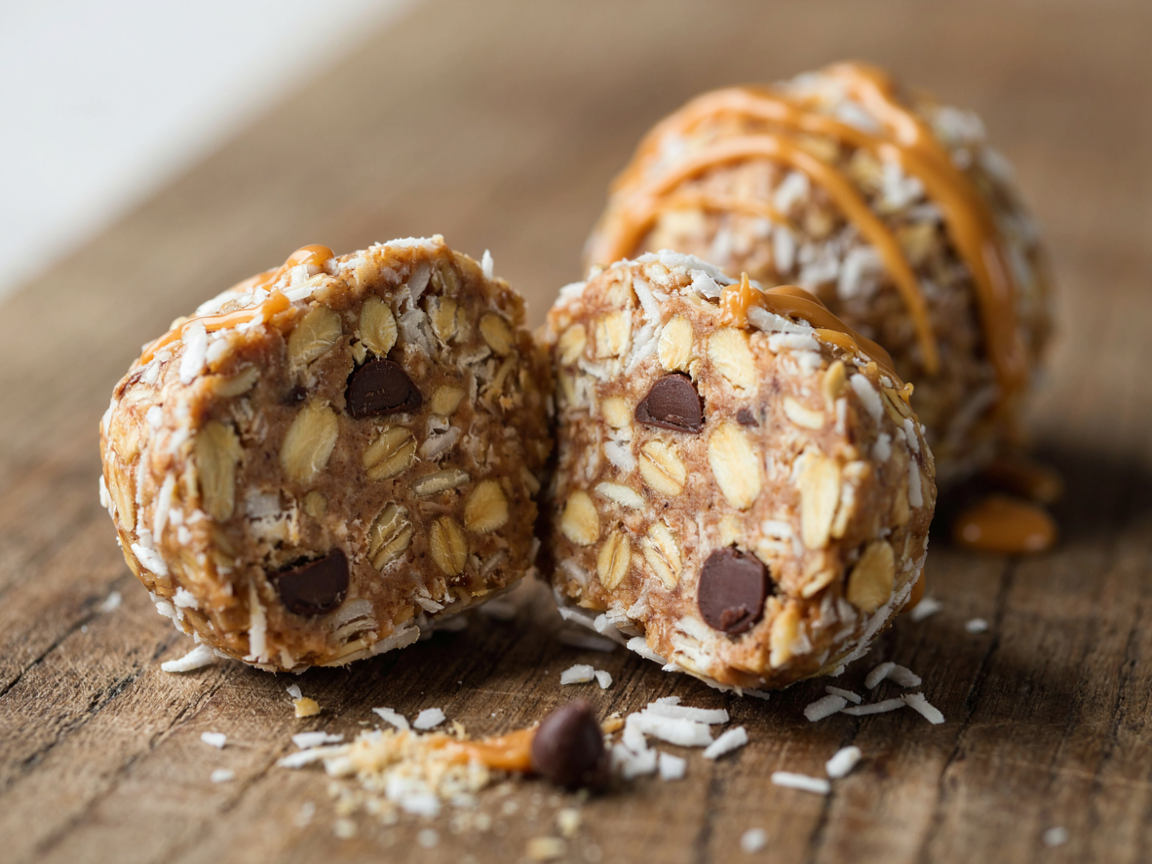 Extreme close-up macro of a no-bake protein ball broken in half, dense peanut butter and oat interior with mini dark chocolate chips, shredded coconut clinging to the outside, a second whole ball drizzled with peanut butter blurred behind it on a wooden board, soft directional light, shallow depth of field