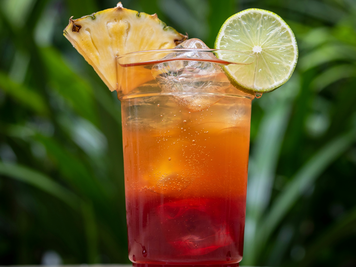 Macro close-up of a layered tropical loaded tea in a clear tumbler, deep magenta at the bottom fading through orange to gold at the top, packed with ice cubes, a pineapple wedge and a lime wheel on the rim, droplets of condensation on the glass, shallow depth of field
