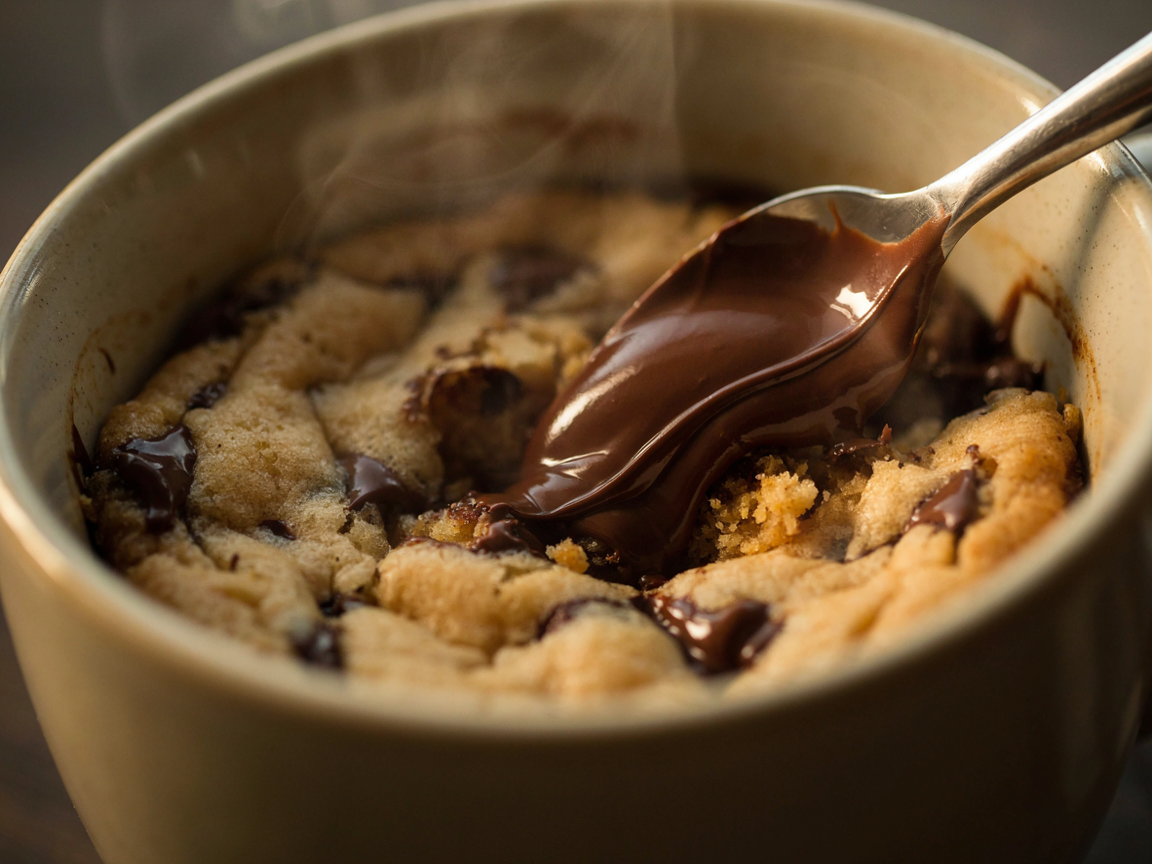 Close-up of a teaspoon resting in the gooey center of a chocolate chip mug cookie, molten chocolate ribbons stretching from the spoon, golden cookie crumb around it, soft light, shallow depth of field