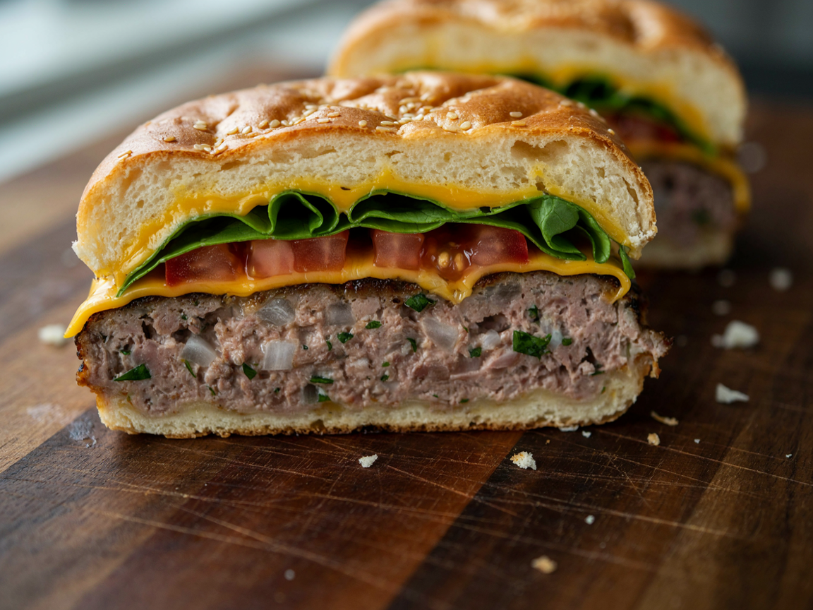Extreme close-up of a turkey burger cut in half: a juicy, moist patty interior with visible juices and specks of grated onion, a golden seared crust, melted cheddar, lettuce and tomato in a toasted brioche bun, soft directional light, shallow depth of field