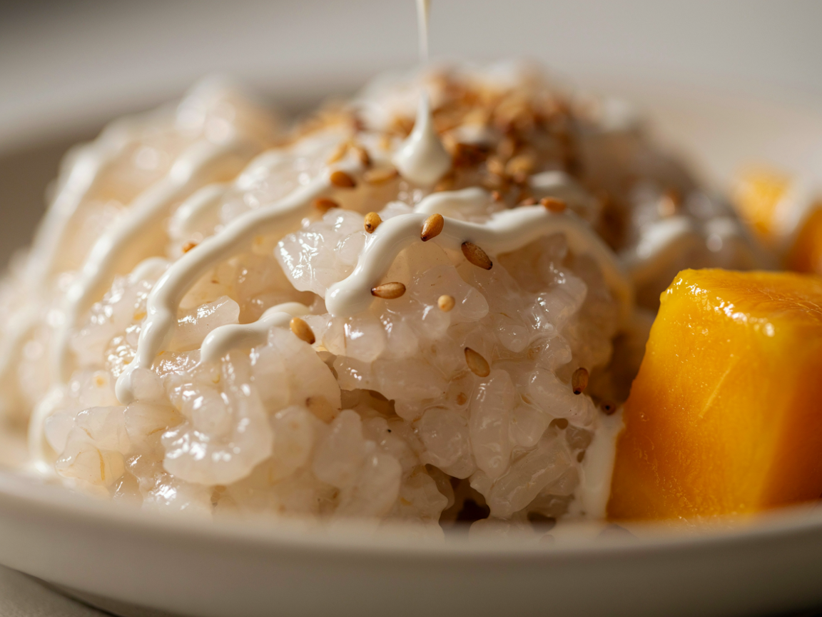 Extreme close-up of glossy, slightly translucent grains of coconut sticky rice with a thick white salty coconut drizzle running over them and toasted sesame seeds on top, the edge of a bright golden mango cube in soft focus, soft directional light, shallow depth of field