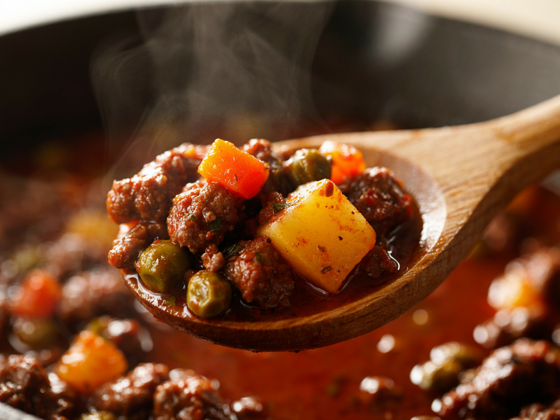 Extreme close-up of a spoonful of Mexican picadillo: crumbles of browned ground beef, a soft cube of yellow potato, bright orange diced carrot and green peas coated in a thick, glossy red tomato-cumin sauce, flecks of cilantro, steam rising