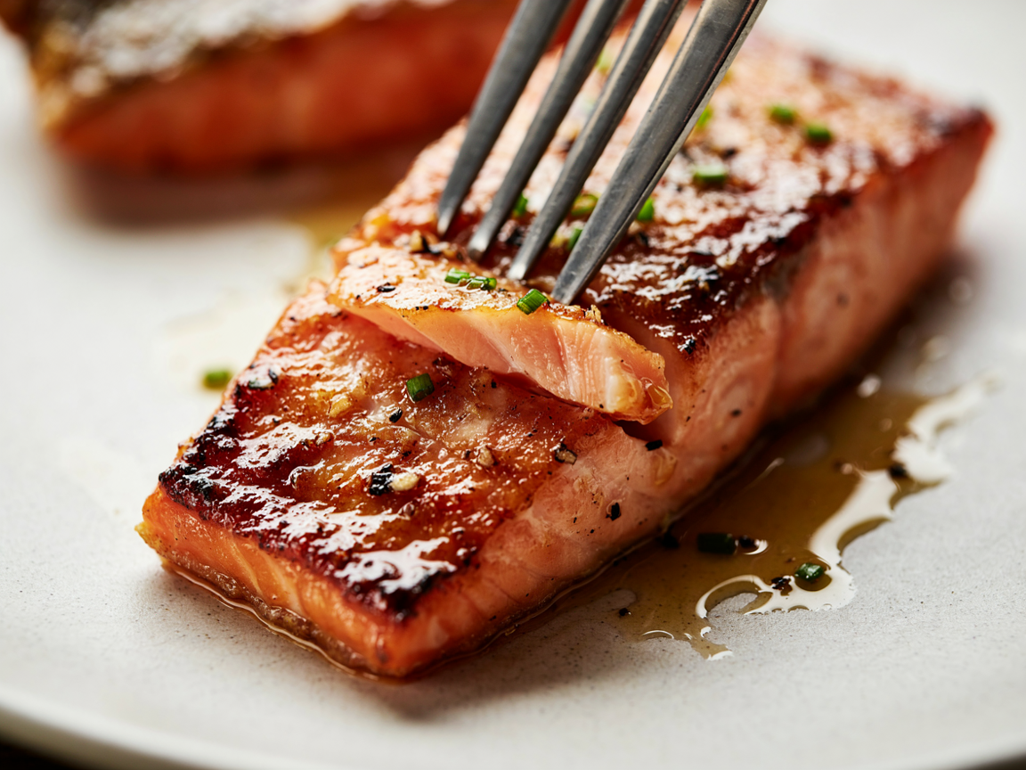 Extreme close-up of a glazed salmon fillet with a fork flaking the center: dark glossy caramelized glaze cracking over the golden crust, moist pink flakes underneath, flecks of chive and cracked pepper, glaze pooling on the plate