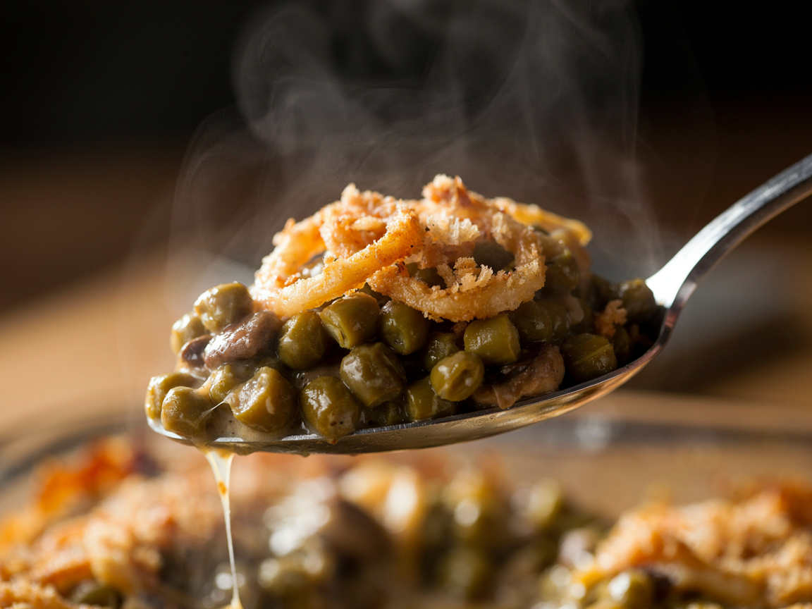 Extreme close-up macro of a spoonful of green bean casserole lifted from the dish: tender green beans coated in creamy mushroom sauce, a thread of melted cheddar stretching, pieces of crisp golden fried onion and buttered breadcrumb crust on top, steam rising, soft directional light, shallow depth of field
