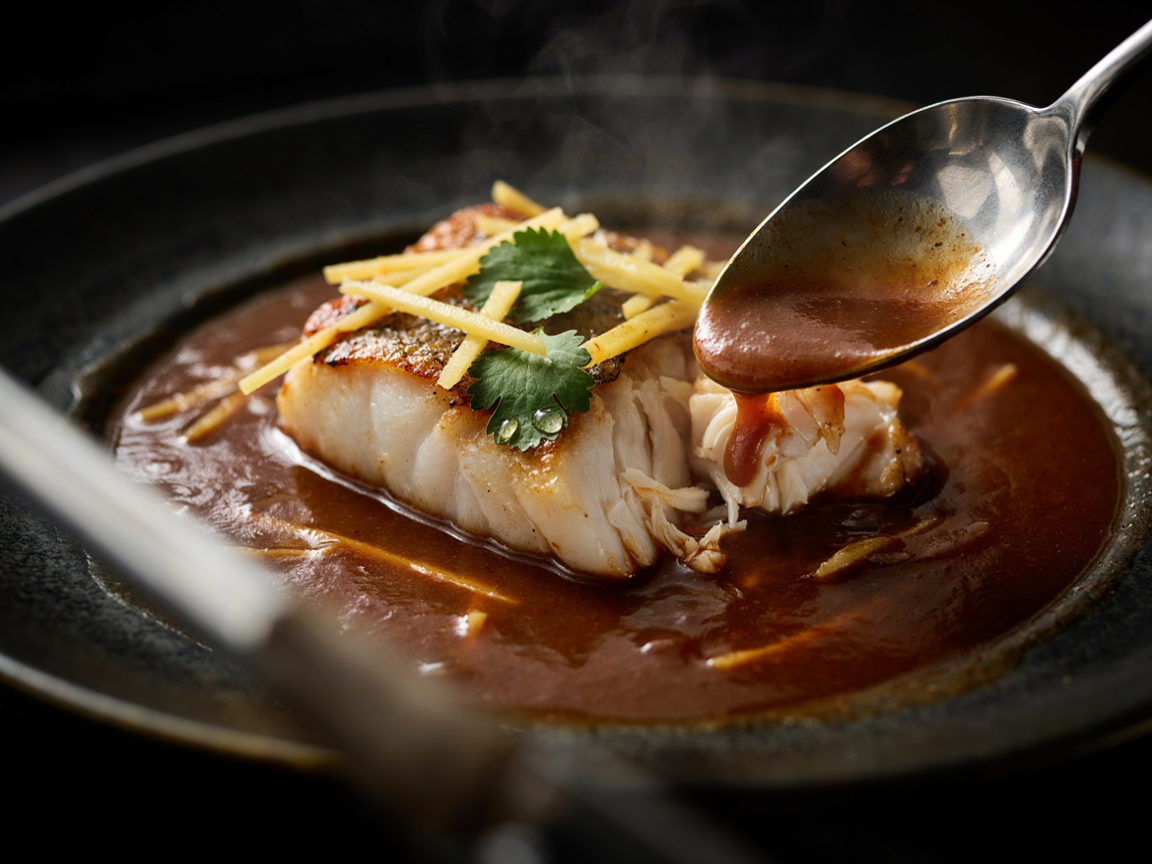 Extreme close-up of a seared chunk of white fish in thick mahogany curry gravy, the fish breaking into moist white flakes under a spoon, glossy sauce clinging, a few strands of julienned ginger and cilantro leaves on top, soft directional light, shallow depth of field