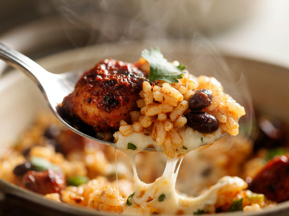 Extreme close-up of a spoonful of Mexican chicken, cheese and rice: fluffy orange rice grains, a chunk of chili-crusted chicken, glossy white queso with flecks of green chile pooling over it, two black beans and a leaf of cilantro