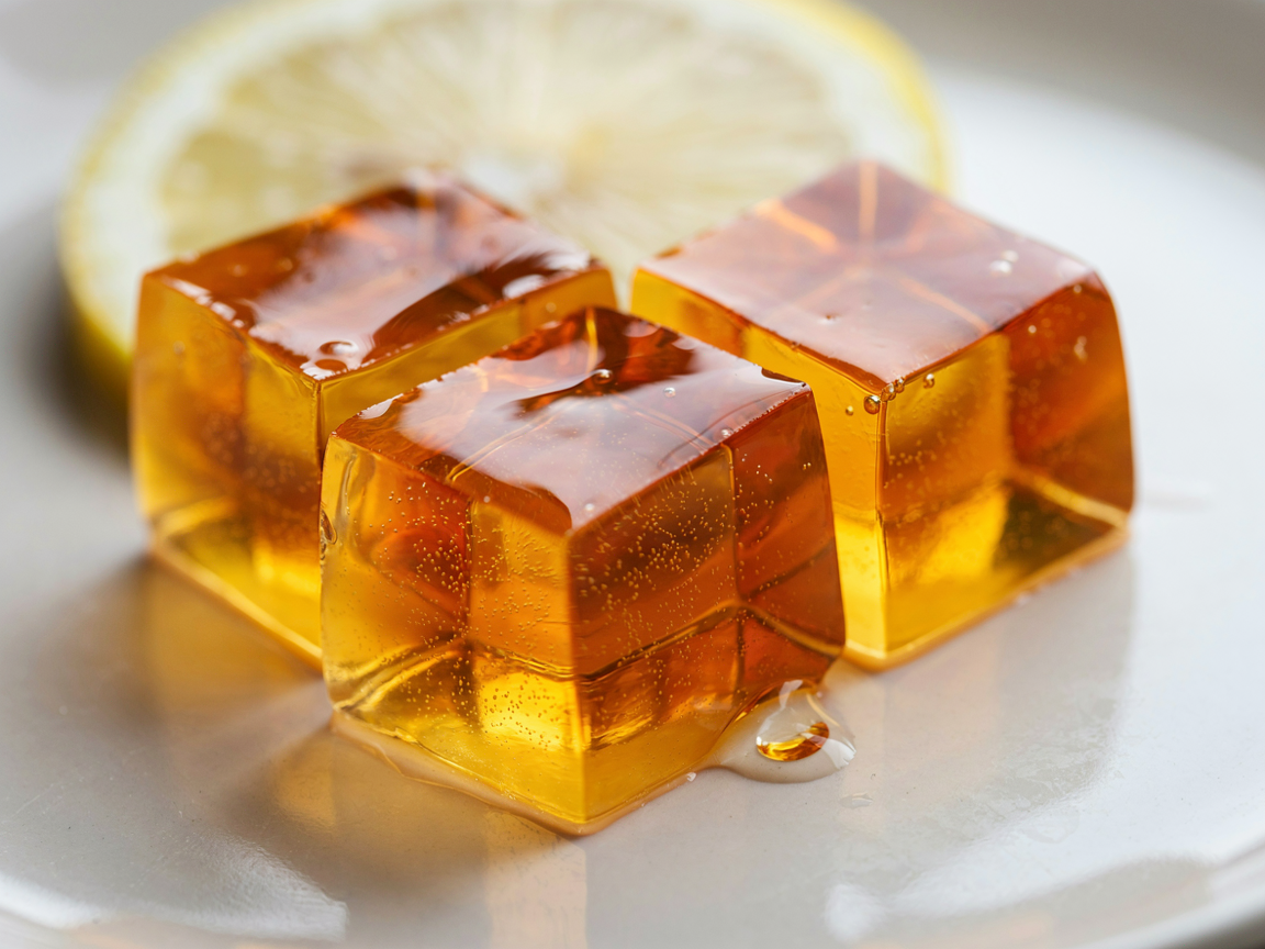 Macro close-up of three glossy amber gelatin cubes glowing in window light, smooth wobble-firm surfaces catching the light, shallow depth of field
