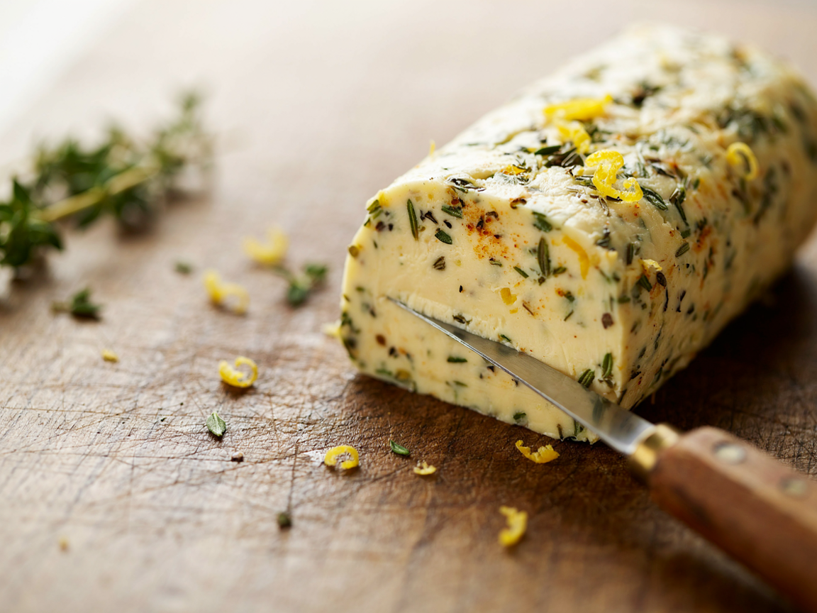 A log of herb compound butter for turkey on a wooden board, flecked with chopped thyme, parsley and lemon zest, a knife slicing a coin from the end, thyme sprigs beside it