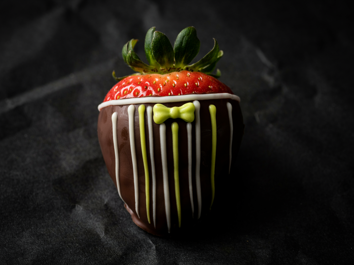 Extreme close-up of one black-dipped strawberry lying on black parchment: smooth glossy black coating with thread-thin vertical white stripes and one lime-green line, a tiny white collar and a small lime-green bow tie under a band of red strawberry and fresh green leaves, soft directional light, shallow depth of field