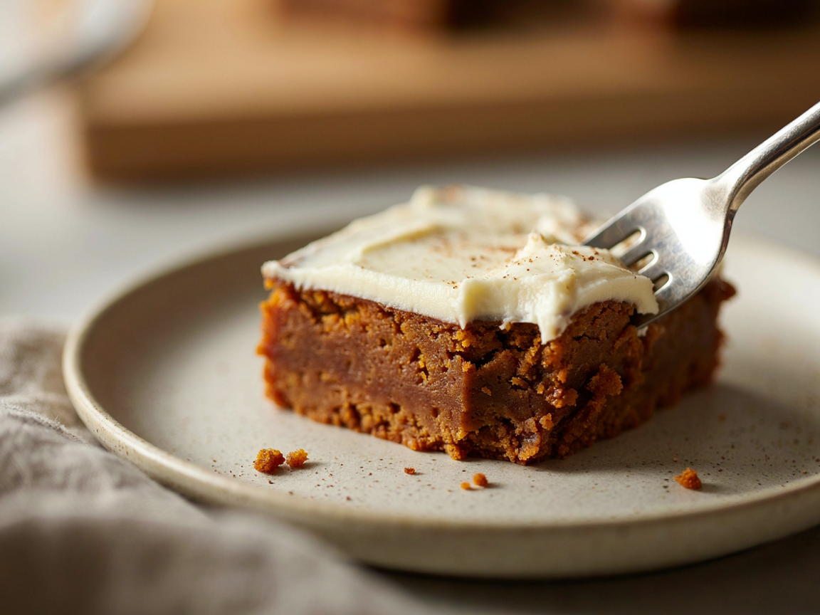 Extreme close-up of a single square brown butter pumpkin bar on a small plate: a dense fudgy orange-brown crumb, a thick swoop of white cream cheese frosting on top with a dusting of cinnamon, a fork taking the corner, soft light