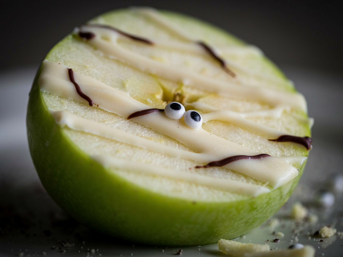 Extreme close-up of a single mummy apple bite: a thick round of crisp green Granny Smith apple with glossy zigzag stripes of white chocolate wrapped across it like bandages, thin dark chocolate lines crossing them, two round candy eyes peeking from a gap, the cored center visible, soft directional light, shallow depth of field