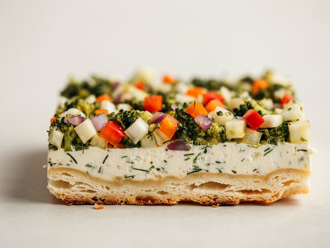 Side view macro of one square of cold veggie pizza: flaky golden crescent crust, a thick white cream cheese layer and tiny chopped broccoli, red pepper, carrot and cheddar on top, shallow depth of field, soft light