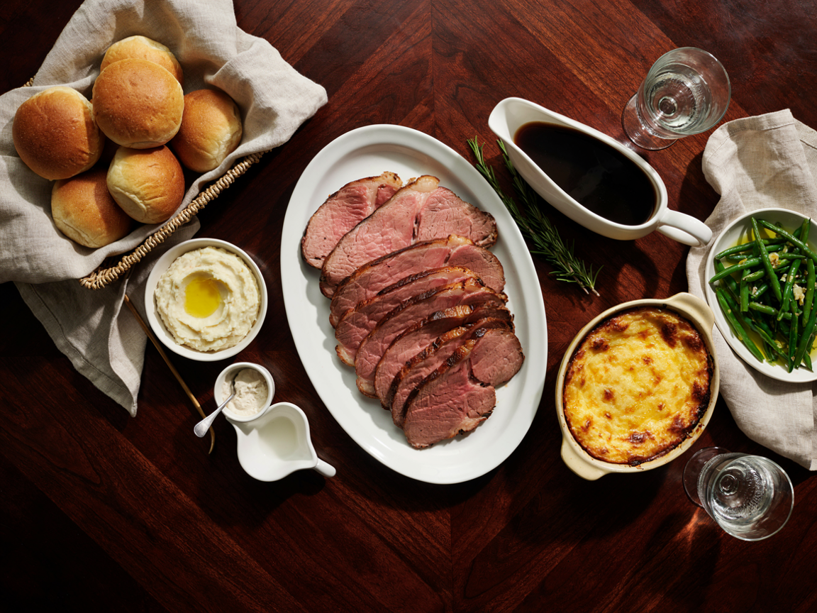 Sunday roast dinner table from above: a platter of thinly sliced pink roast beef with a dark crust, a gravy boat of au jus, a small bowl of horseradish cream, a dish of mashed potatoes with melting butter, a golden corn casserole, roasted green beans, dinner rolls, fresh rosemary and linen napkins on a dark wooden table
