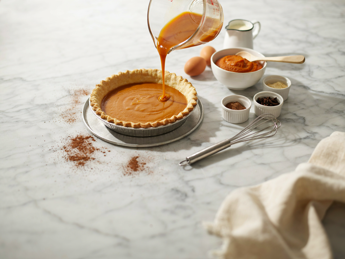 Making pumpkin pie: a blind-baked fluted pie shell on a sheet pan being filled with smooth orange pumpkin custard poured from a glass measuring jug, a can of pumpkin puree, a can of evaporated milk, two eggs, small bowls of cinnamon, ginger and cloves and a whisk on a marble counter