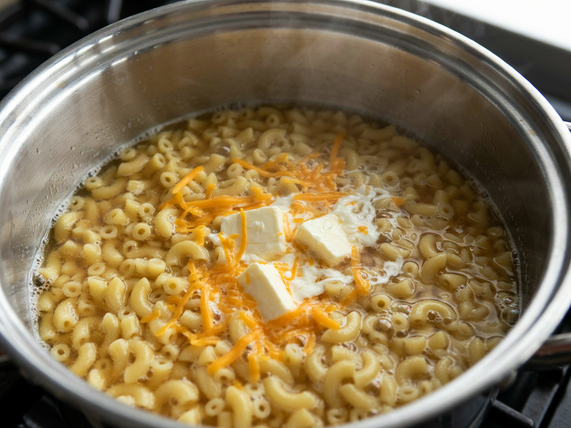 Elbow macaroni simmering in broth in a stainless steel pot with cubes of cream cheese and shredded cheddar melting on top