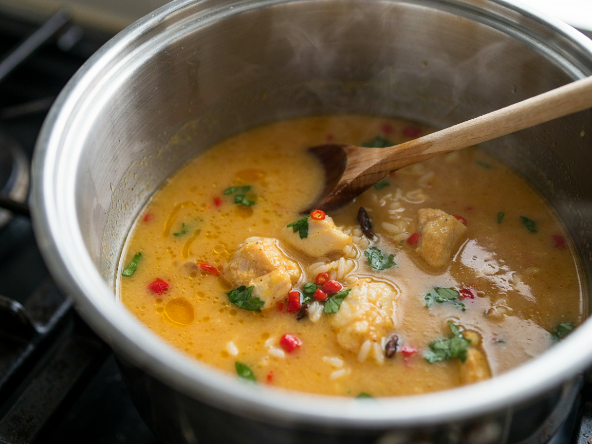 Golden coconut curry sauce simmering in a wide pot with chunks of chicken and a wooden spoon