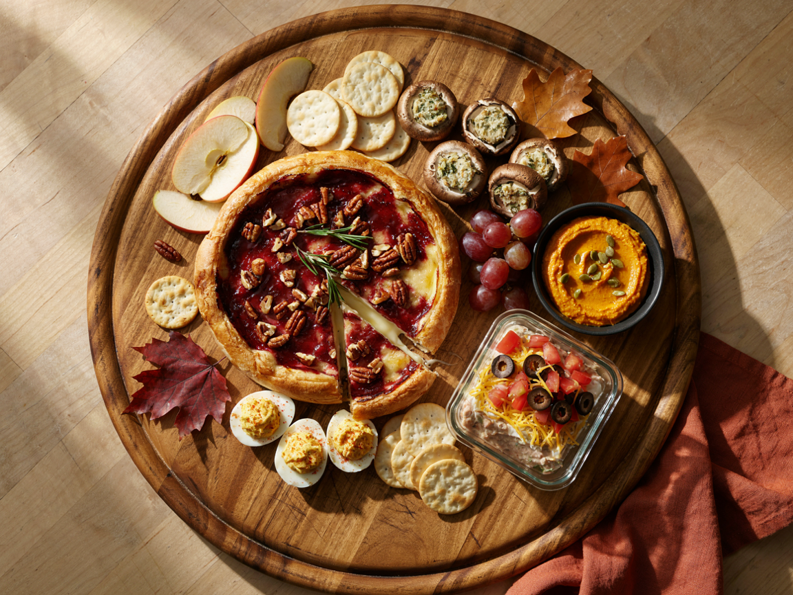 Thanksgiving appetizer board from above: a whole baked brie wheel in the center with glossy cranberry sauce, chopped pecans, honey and rosemary on top and molten cheese showing at a cut, surrounded by herb-stuffed mushrooms, deviled eggs dusted with paprika, a bowl of orange pumpkin hummus with pepitas, a glass dish of seven-layer dip, crackers, toasted baguette slices, apple and pear slices and grapes on a wooden board with a rust linen napkin