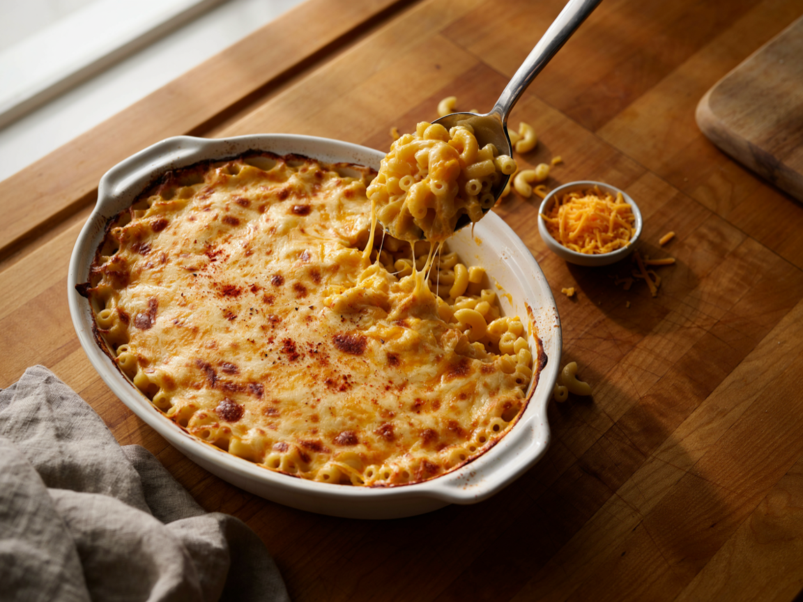 Baked mac and cheese in a white ceramic baking dish from above: elbow macaroni in a creamy orange cheese sauce under a golden, blistered cheddar top, a large spoon lifting a scoop with long strings of melted cheese, a sprinkle of paprika, a linen napkin and a small bowl of shredded cheddar on a wooden table