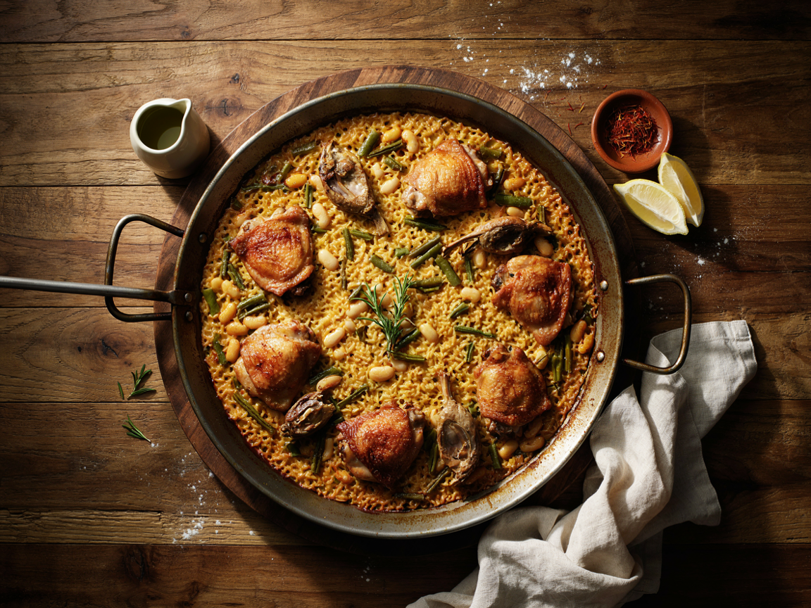 Authentic Spanish paella Valenciana in a wide carbon steel paella pan: saffron-gold bomba rice with browned chicken and rabbit pieces, flat green beans, white garrofo beans and a sprig of rosemary, shot from overhead on a rustic wooden table with lemon wedges