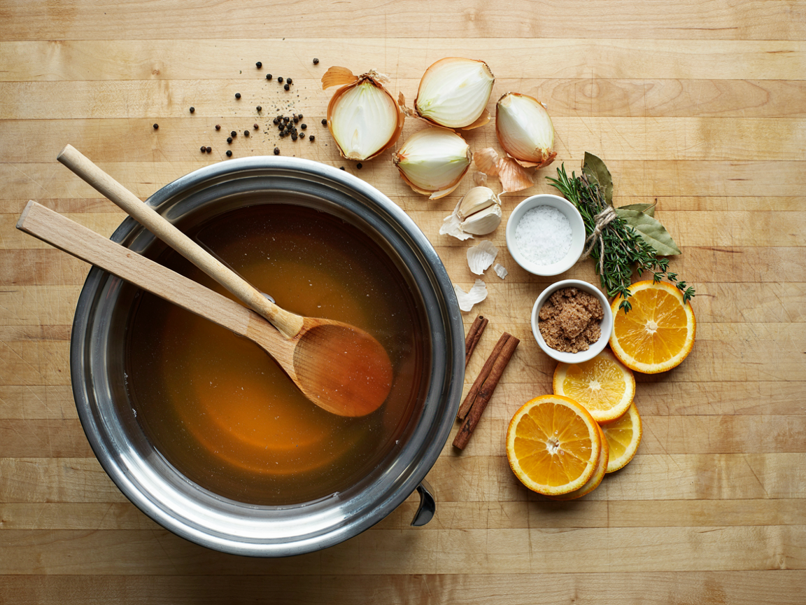 Turkey brine in a large stockpot from above: amber apple cider brine with onion quarters, orange slices, sprigs of rosemary and thyme, bay leaves, smashed garlic and whole black peppercorns floating on the surface, a cinnamon stick, a wooden spoon and a bowl of kosher salt beside the pot