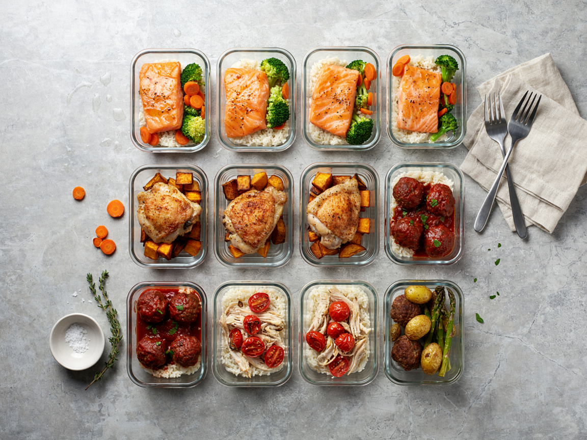 Overhead view of 12 glass meal prep containers with salmon, chicken thighs, turkey meatballs, rice, sweet potatoes, broccoli, asparagus and potatoes