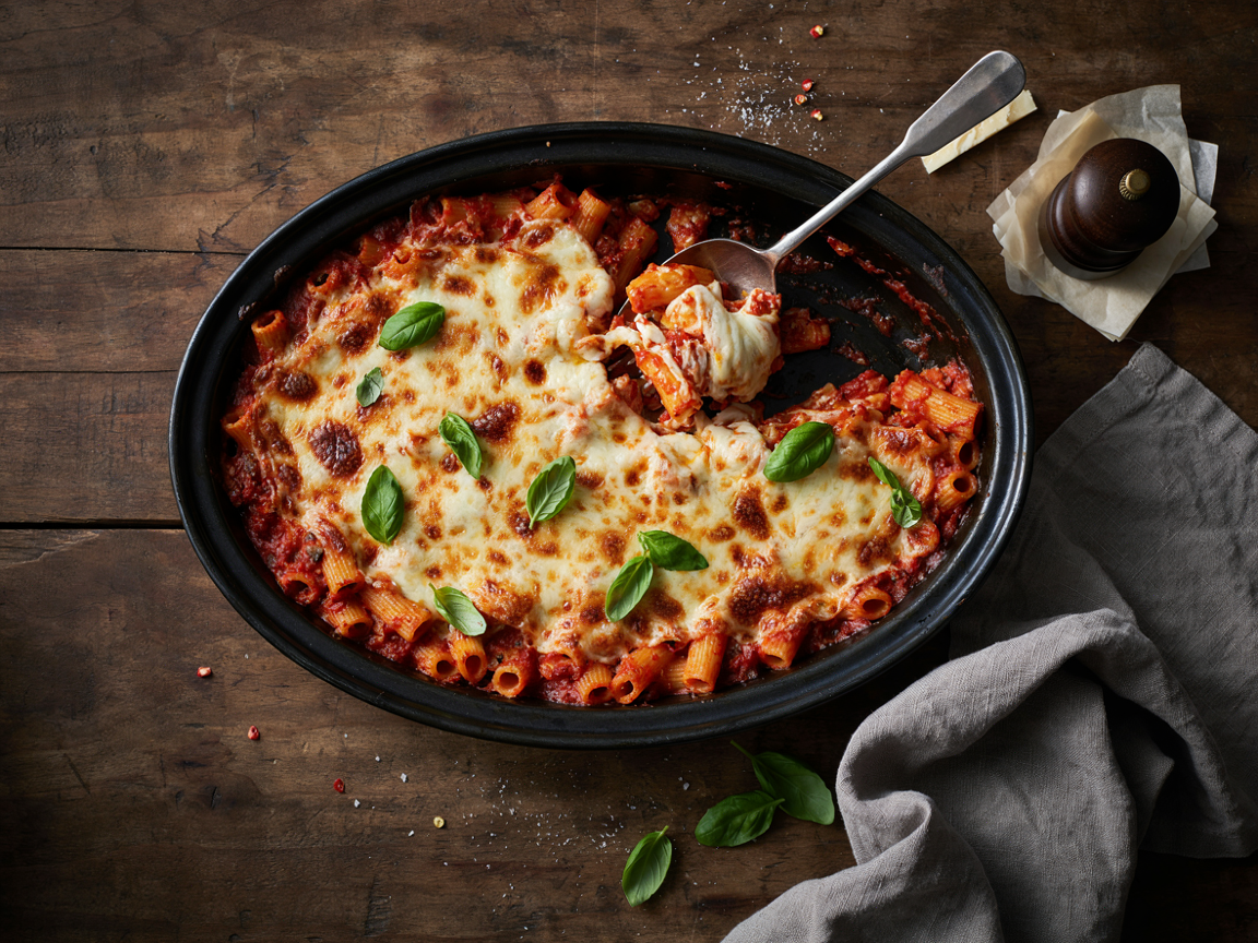 Baked ziti without ricotta cheese in a dark oval baking dish: ziti tubes in a rich red beef and tomato sauce under a layer of golden, blistered melted mozzarella and parmesan, a serving spoon lifting a cheesy portion, fresh basil leaves scattered on top, on a dark wooden table with a linen napkin
