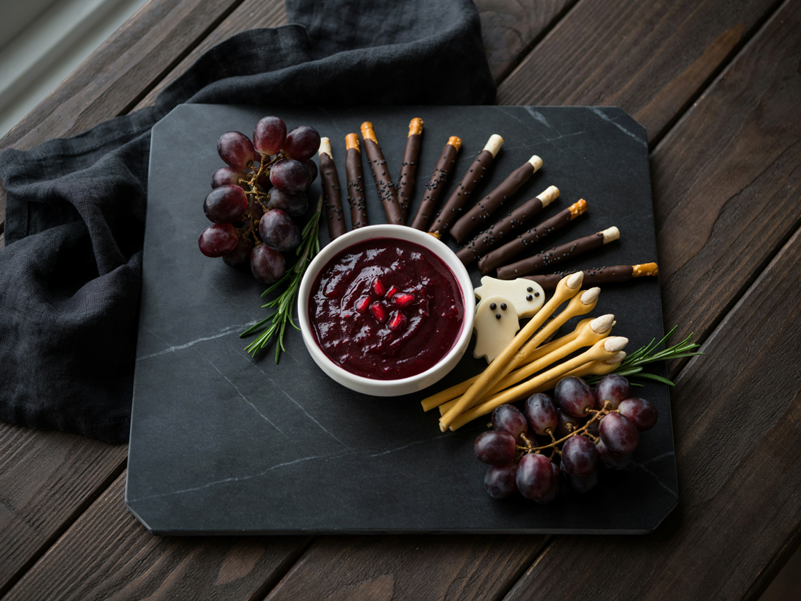 Halloween snacks for adults on a black slate board from above: midnight-black chocolate-dipped pretzel rods fanned around a small white bowl of glossy crimson pomegranate dip, white cheese cut into ghost shapes with peppercorn eyes, witch-finger cheese straws with sliced almond nails, clusters of black grapes and sprigs of rosemary
