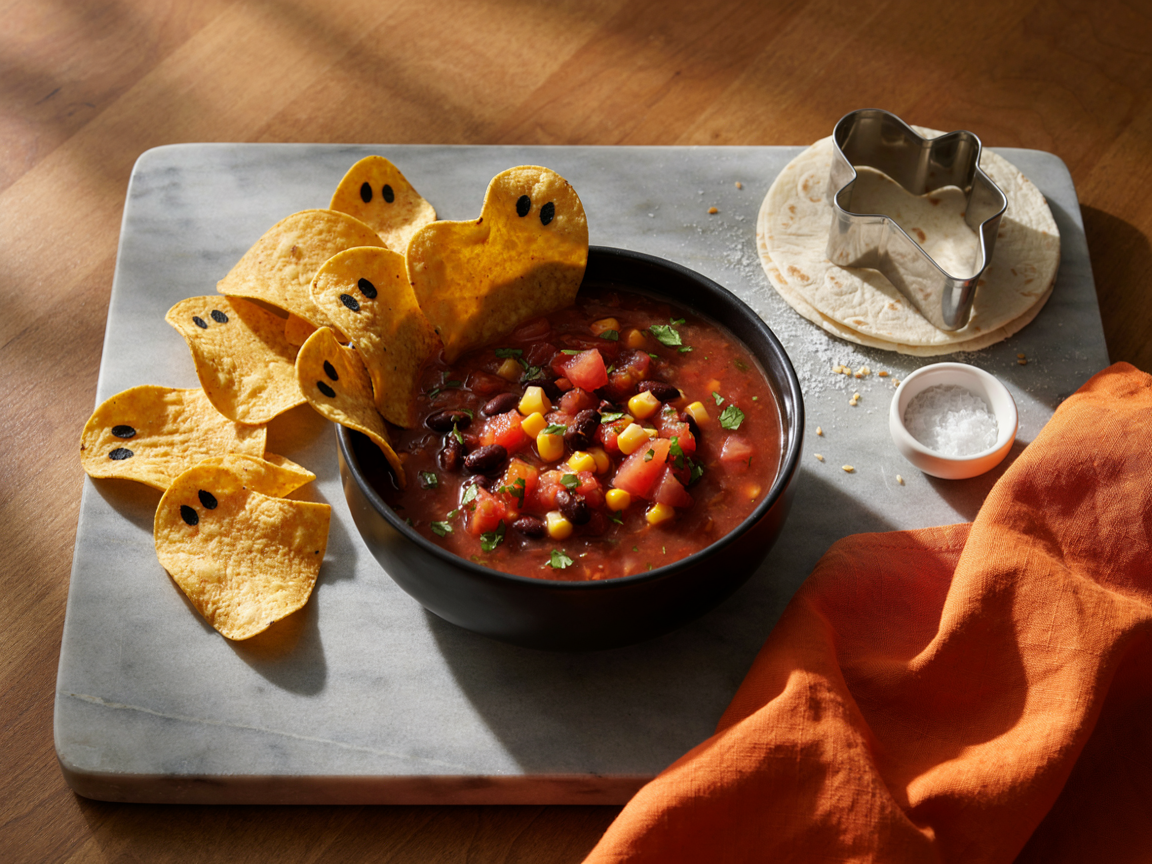 Halloween movie snacks for kids from above: golden baked ghost-shaped tortilla chips with black sesame seed eyes standing around a black bowl of chunky red salsa dotted with black beans, corn and chopped cilantro, a metal ghost cookie cutter on a stack of flour tortillas, a small bowl of salt and an orange napkin on a slate-grey board