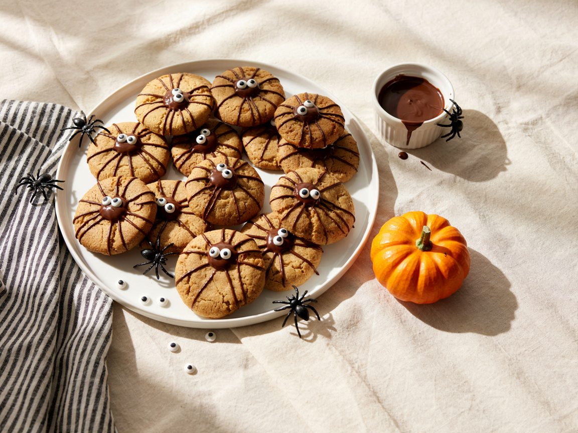 Platter of spider cookies: golden peanut butter cookies topped with a mini chocolate peanut butter cup, piped chocolate legs and candy eyes