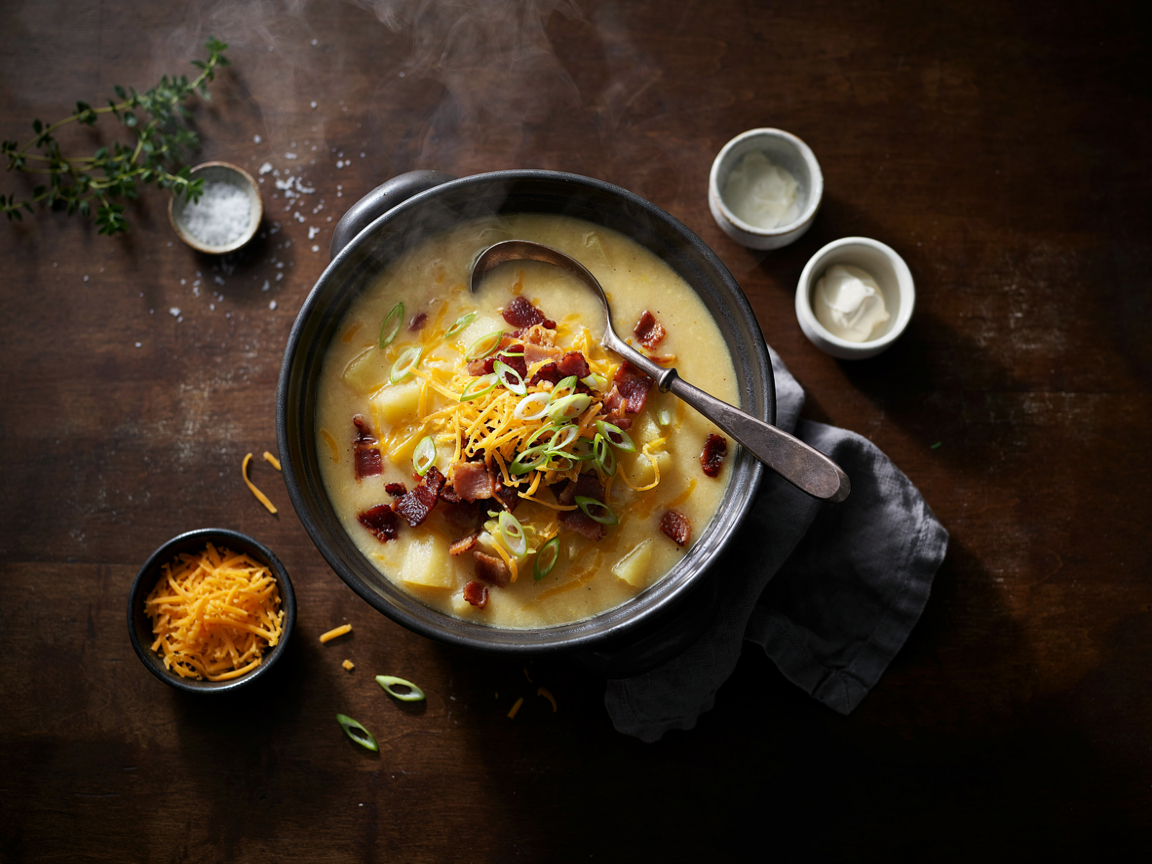Salt Grass copycat potato soup in a dark ceramic crock: thick golden cheddar potato soup loaded with shredded sharp cheddar, crisp chopped beef bacon and sliced green onions, a spoon resting in the bowl, a small dish of sour cream and a napkin on a dark wooden table