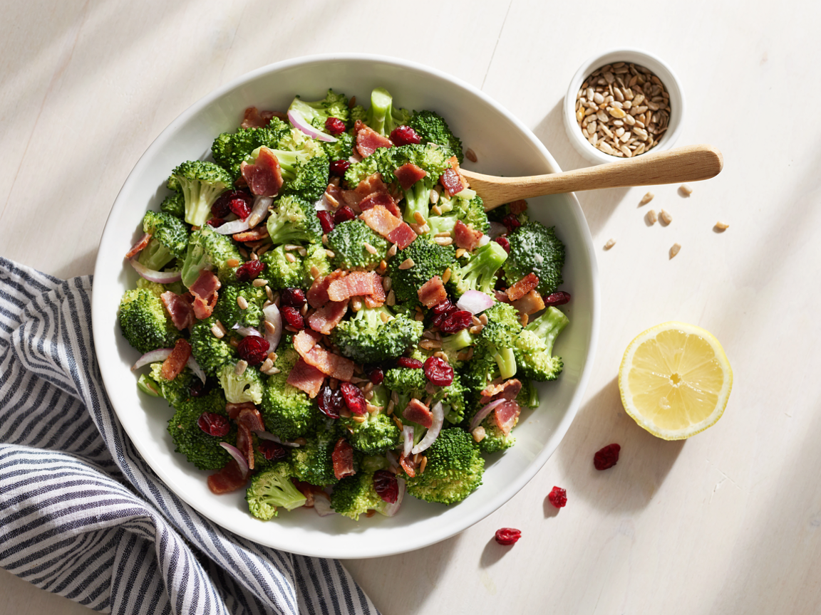 Crowd-pleasing broccoli salad in a white bowl with crisp broccoli florets, bacon bits, dried cranberries, red onion and sunflower seeds in a creamy dressing