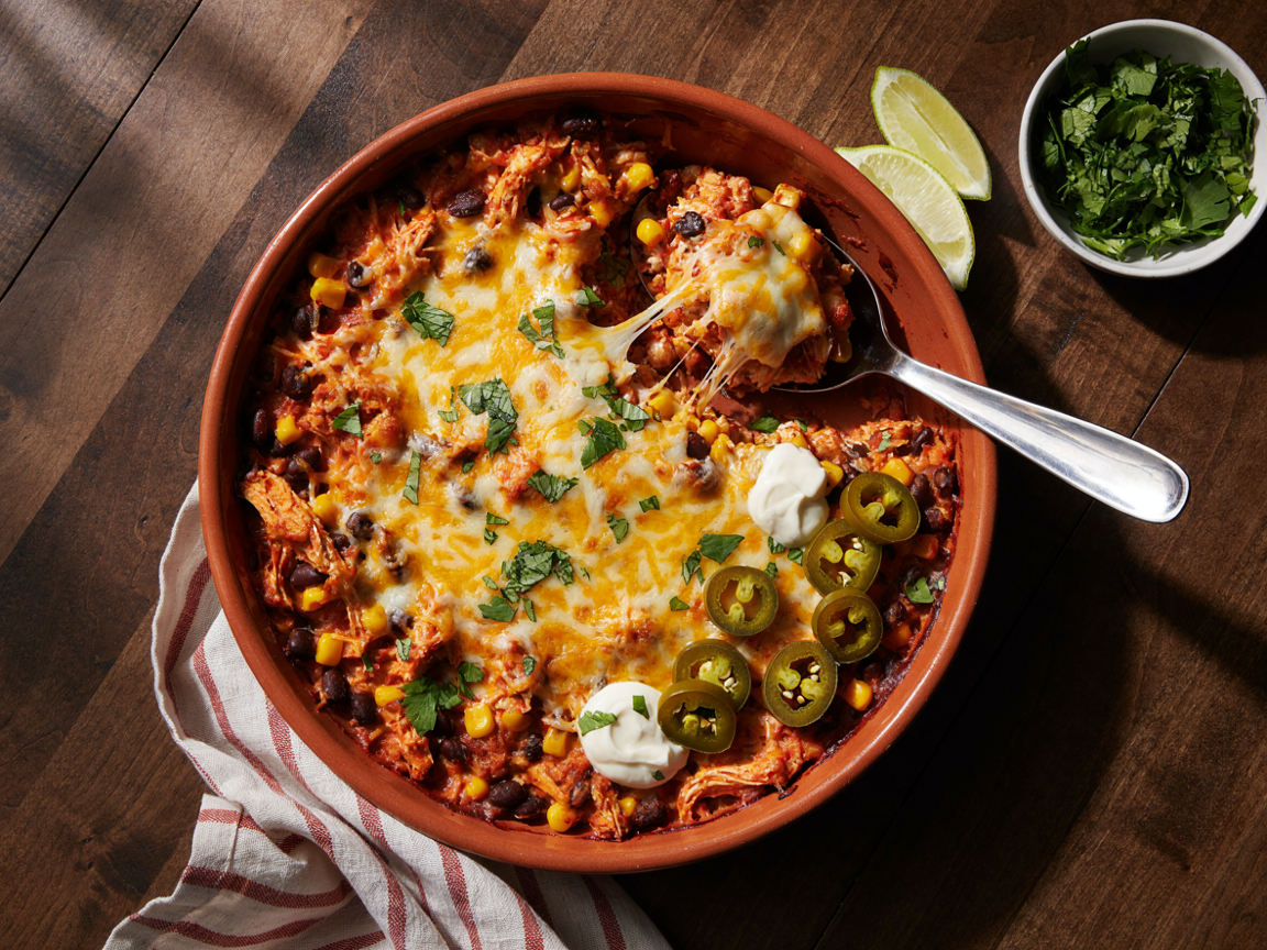 Chicken enchilada casserole with rice in a terracotta baking dish: orange enchilada-sauced rice with shredded chicken, black beans and corn under melted cheddar and Monterey Jack spotted golden, a serving spoon lifting a cheesy scoop with a cheese pull, chopped cilantro, sliced jalapeno and a swirl of sour cream on top, lime wedges and a small bowl of cilantro beside it on a dark wooden table