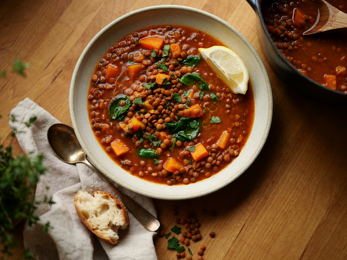 A bowl of thick rust-orange lentil soup from above: whole brown lentils and melted red lentils in a spiced tomato broth with soft cubes of sweet potato and wilted spinach, a drizzle of olive oil, chopped parsley, a lemon wedge, a spoon and a piece of torn bread on a linen napkin, the Dutch oven of soup beside it on a wooden table