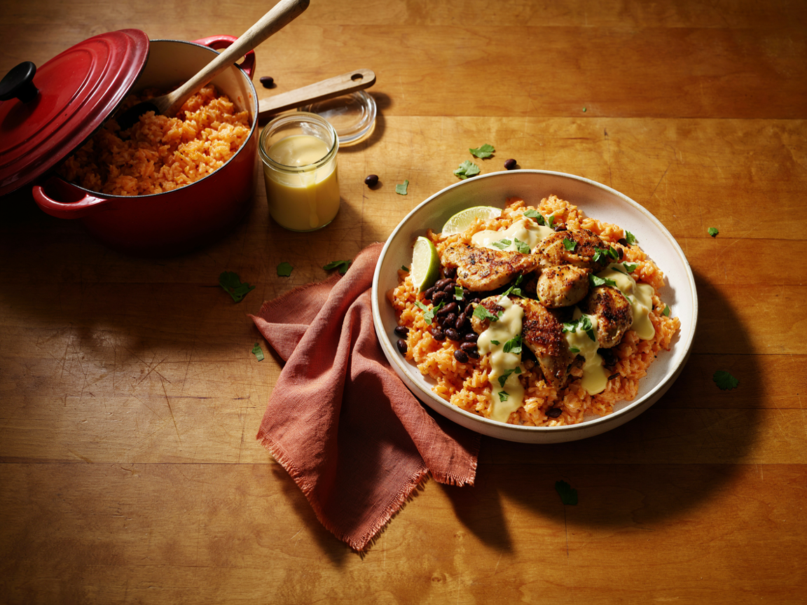 A wide ceramic bowl of one pot Mexican chicken cheese and rice from above: orange tomato rice topped with golden seared chili-lime chicken pieces, creamy white queso poured over and running down the sides, a spoon of black beans, chopped cilantro and a lime wedge, with the Dutch oven of rice and a small jar of queso beside it on a wooden table