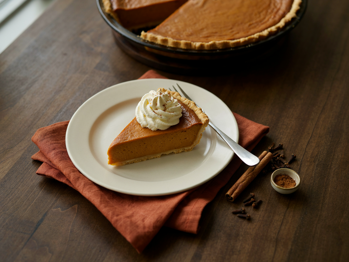 A slice of classic pumpkin pie on a cream plate: smooth deep-orange custard with a clean cut edge in a golden fluted crust, a tall swirl of whipped cream dusted with cinnamon on top, a fork, cinnamon sticks and whole cloves beside it, the rest of the pie blurred behind on a wooden table with a rust linen napkin