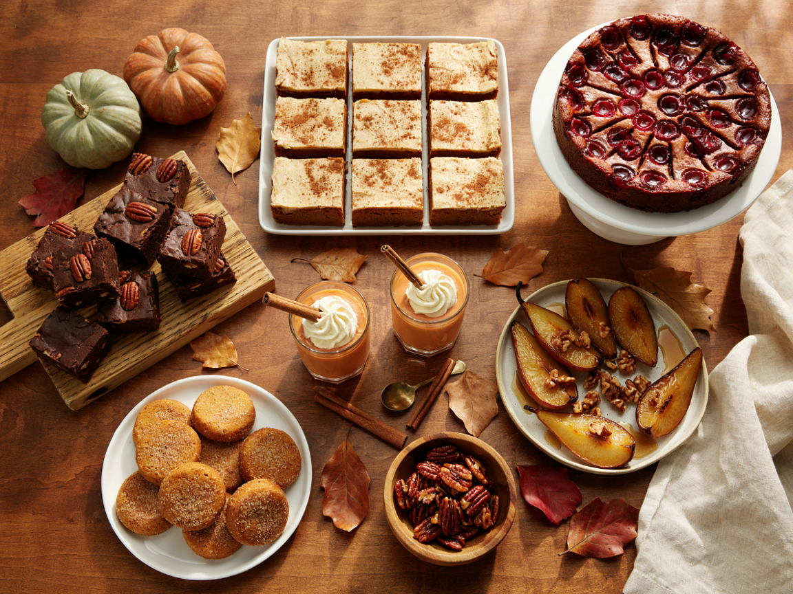 Thanksgiving dessert table from above with no pies: a tray of frosted pumpkin bars dusted with cinnamon, a cranberry upside-down cake with a glossy red top, a board of pecan brownies, glass cups of sweet potato pudding with whipped cream, a dish of baked pear halves with walnuts, a plate of pumpkin snickerdoodles and a bowl of pecan clusters on a wooden table with autumn leaves and linen napkins