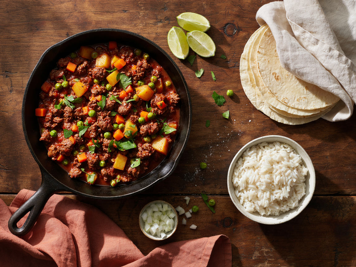 Overhead view of a cast iron skillet of Mexican picadillo: browned ground beef, cubes of golden potato, diced carrot and green peas in a thick glossy red tomato sauce, scattered with chopped cilantro, lime wedges on the side, a stack of warm corn tortillas in a cloth, a bowl of white rice and a small dish of diced white onion on a wooden table